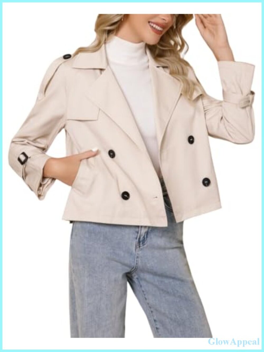 Womens Cropped Trench Coat Double Breasted Casual Long Sleeve Short Jacket